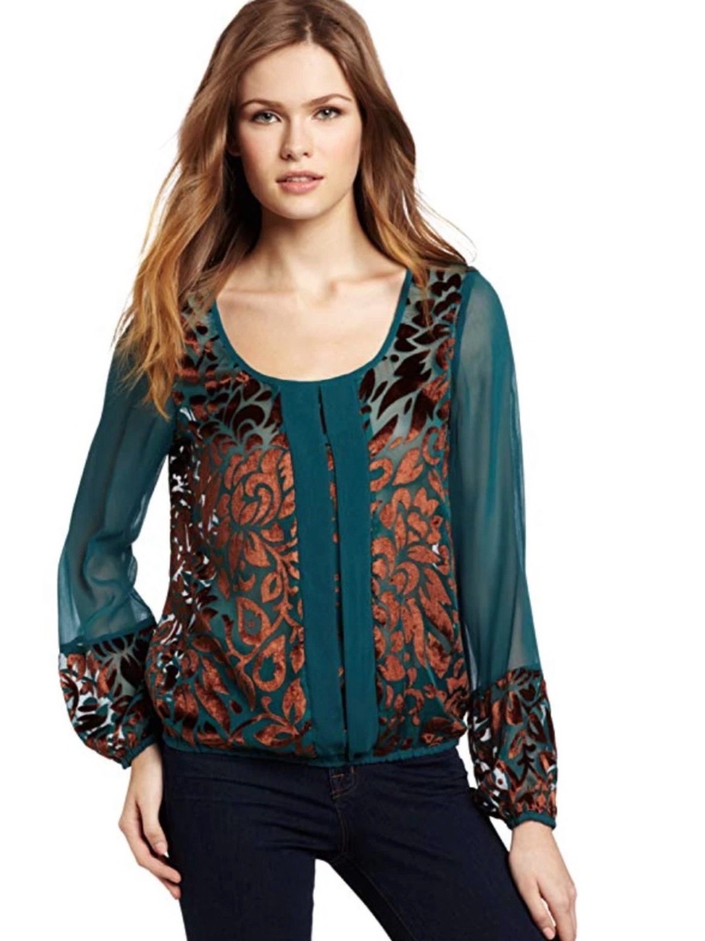 Lucky Brand Teal/Bronze Velvet Burnout Chiffon Blouse sz S